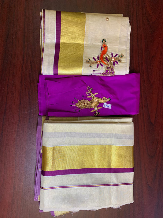 Kerala peacock designer settu mundu(purple)