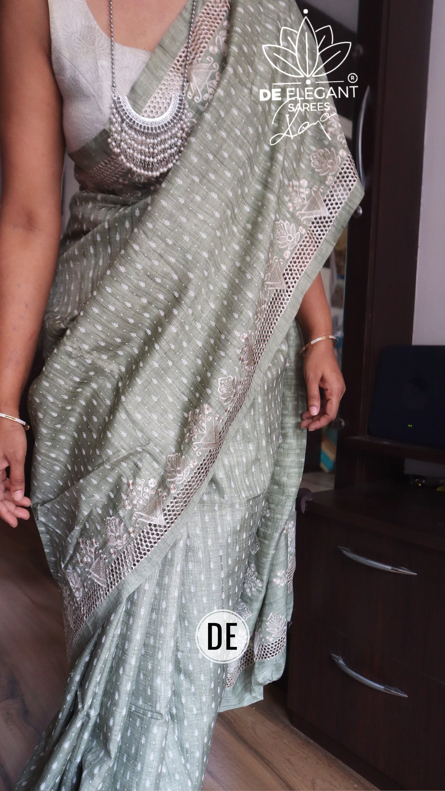 Tassar saree-pastel green with cut work