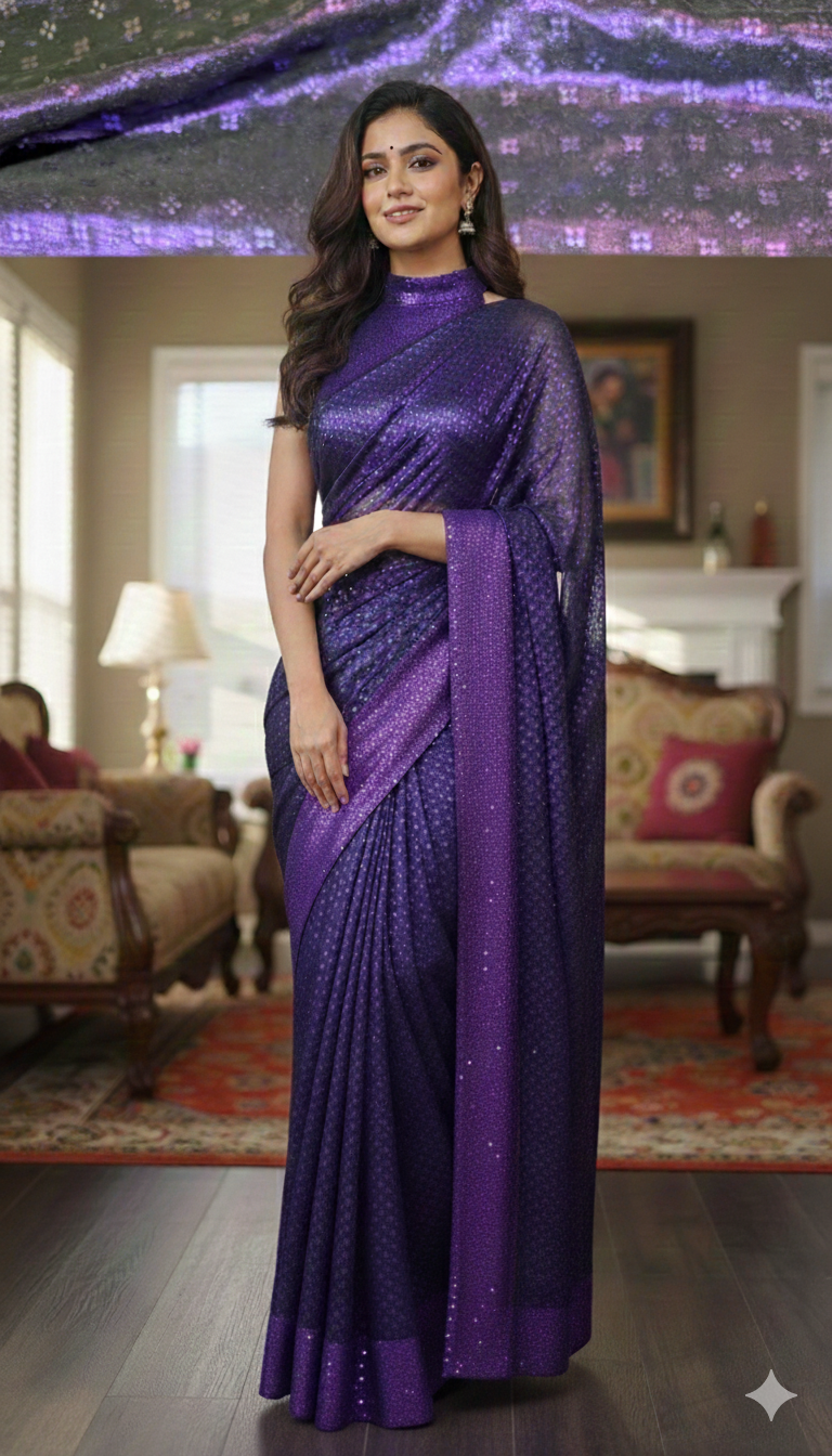Dark purple saree with ready to wear blouse