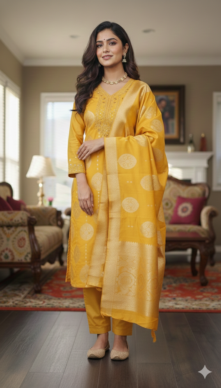 Ready to wear 3 pieces suit in yellow colour