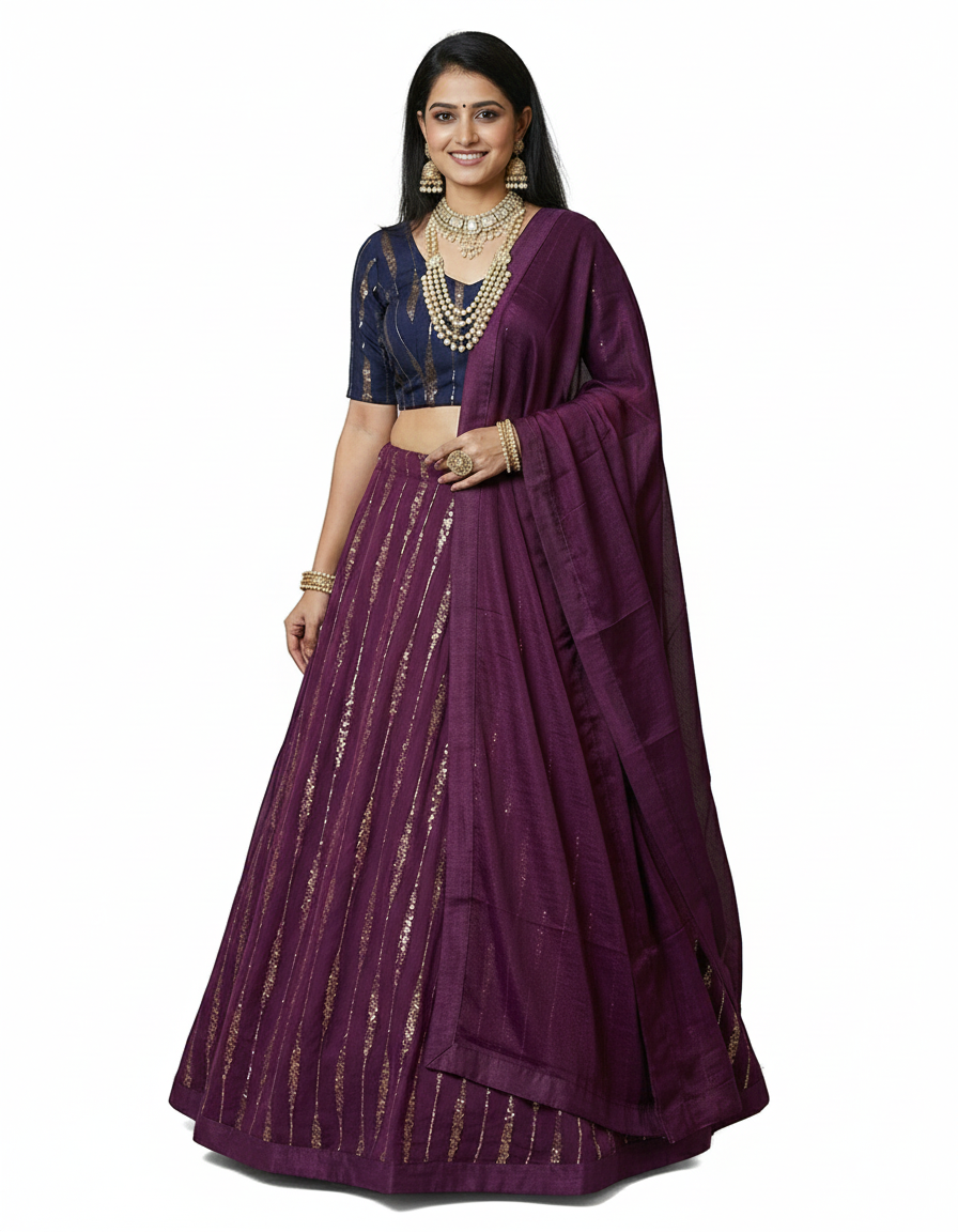 Georgette Lehenga navy blue and grape wine colour