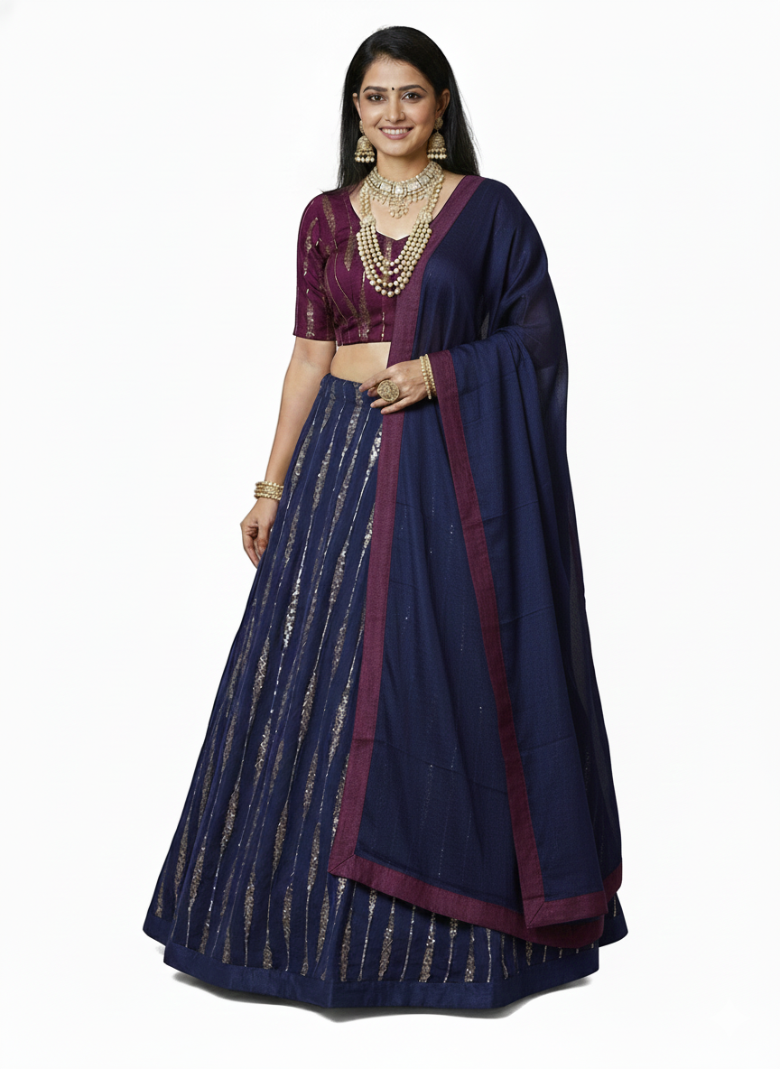 Georgette ready to wear lehenga-Grape wine and navy blue combination