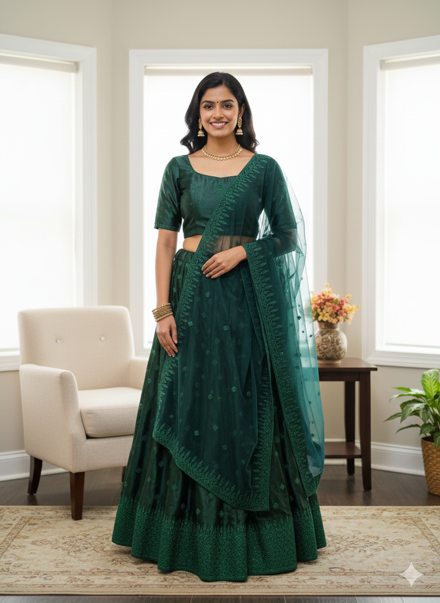 Readymade dark green lehenga set