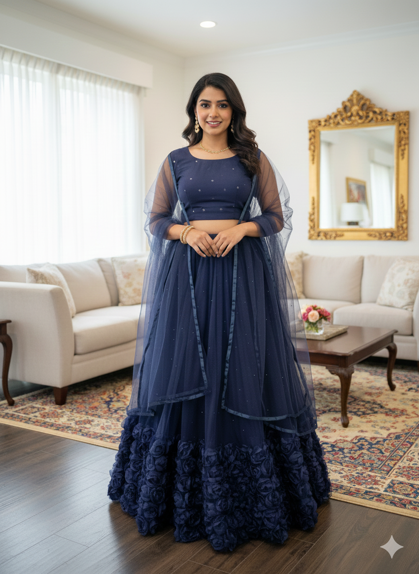 Navy blue Lehenga with sleeveless top fuppatta