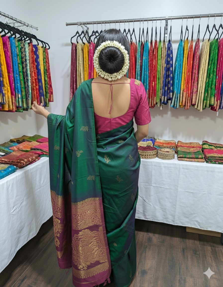 Dark green double shaded pure Kanjeepuram silk saree