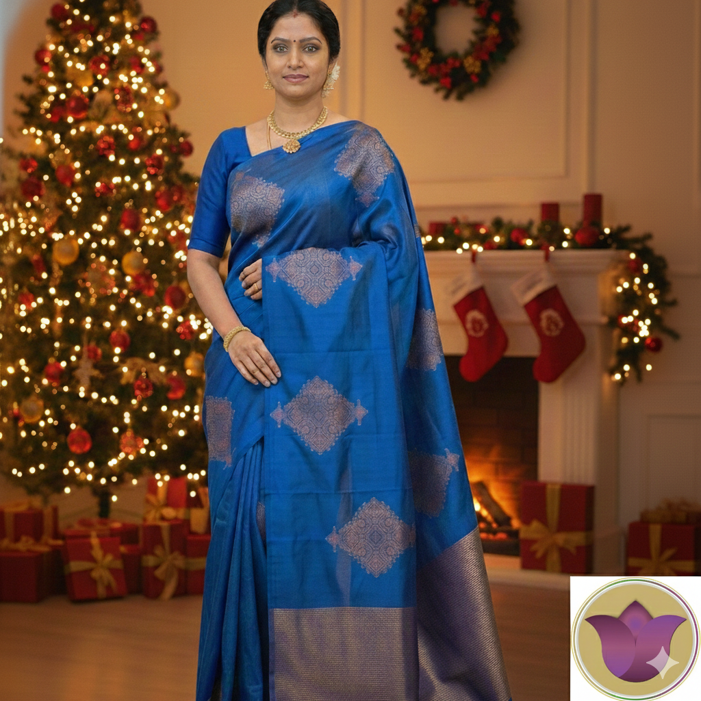Pure kanjeepuram silk saree- Royal blue with copper butta