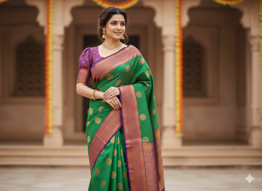Emerald green silk saree with large copper zari with ready made blouse
