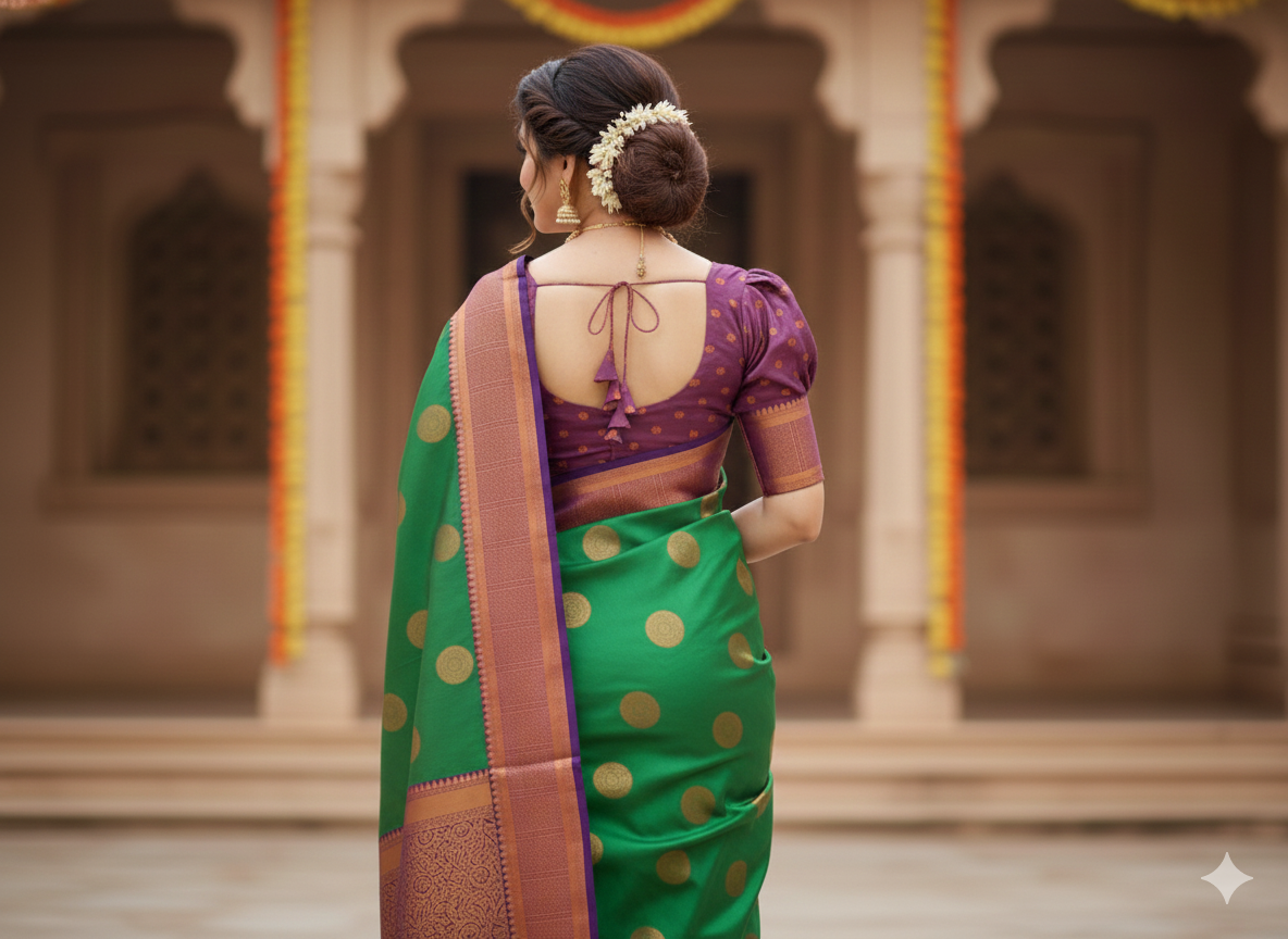 Emerald green silk saree with large copper zari with ready made blouse