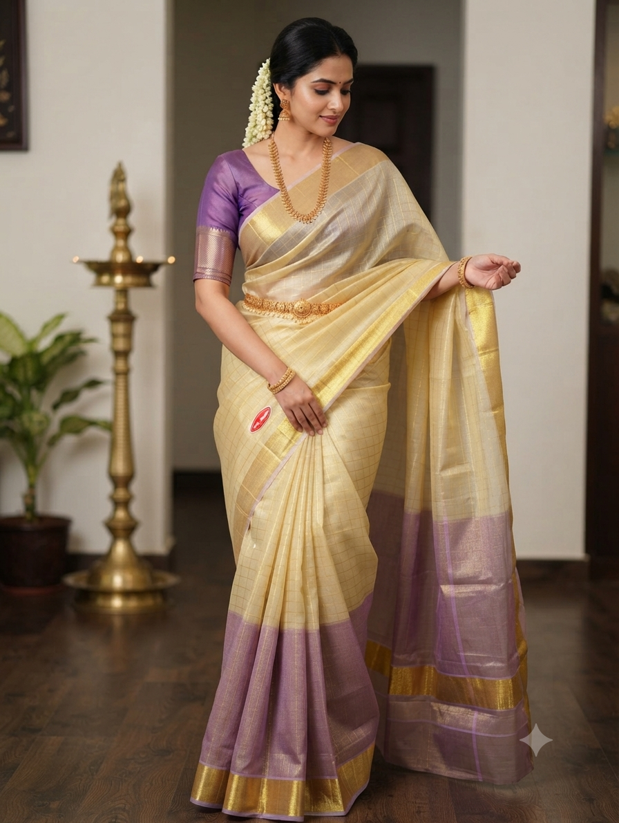 Kerala cotton tissue saree featuring a stunning half-dye design in rich purple and golden tones.