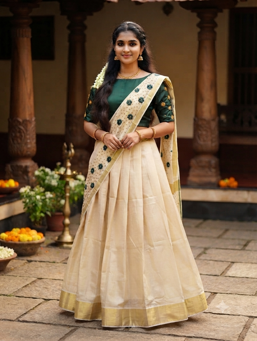 Kerala tissue davani with blouse and shall