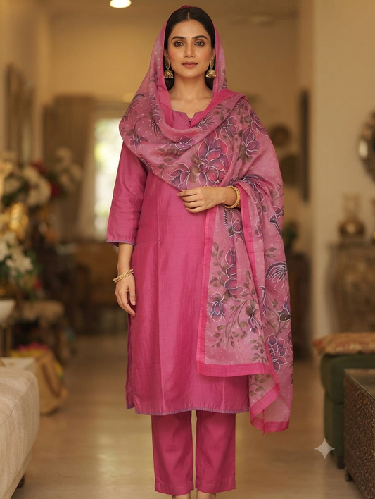 Pure tussar silk suit set- Pink colour