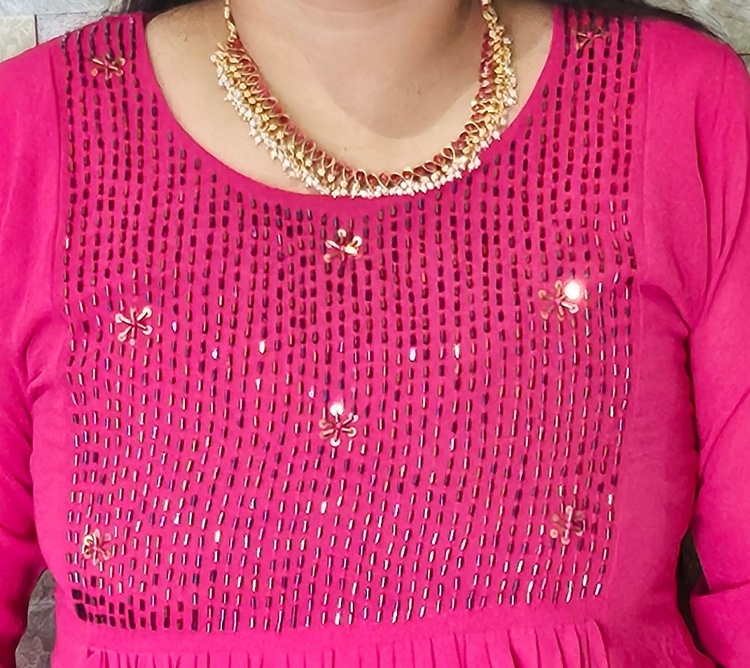 Georgette Front pleated A line frock-Rani pink