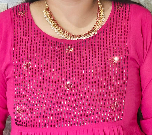Georgette Front pleated A line frock-Rani pink