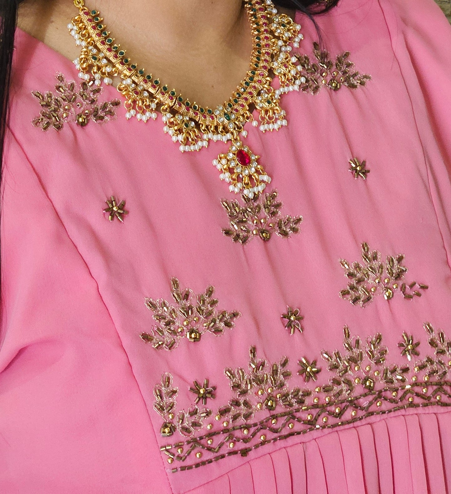 Front yoke pleated kurti/frock-pink