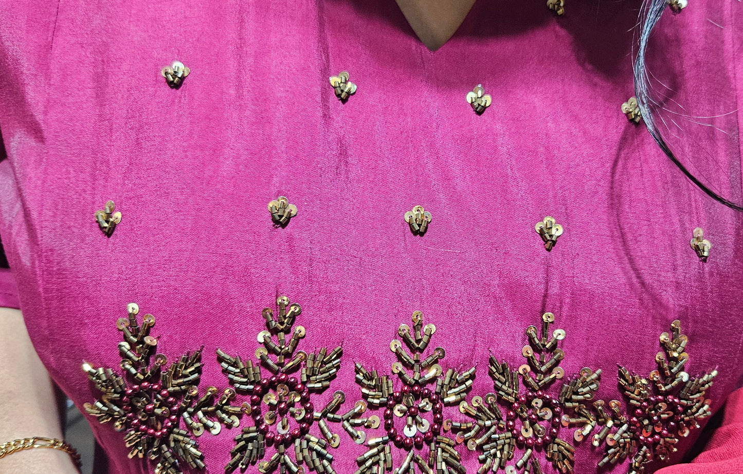 Front pleated neck and sleeve handworked frock-Maroon