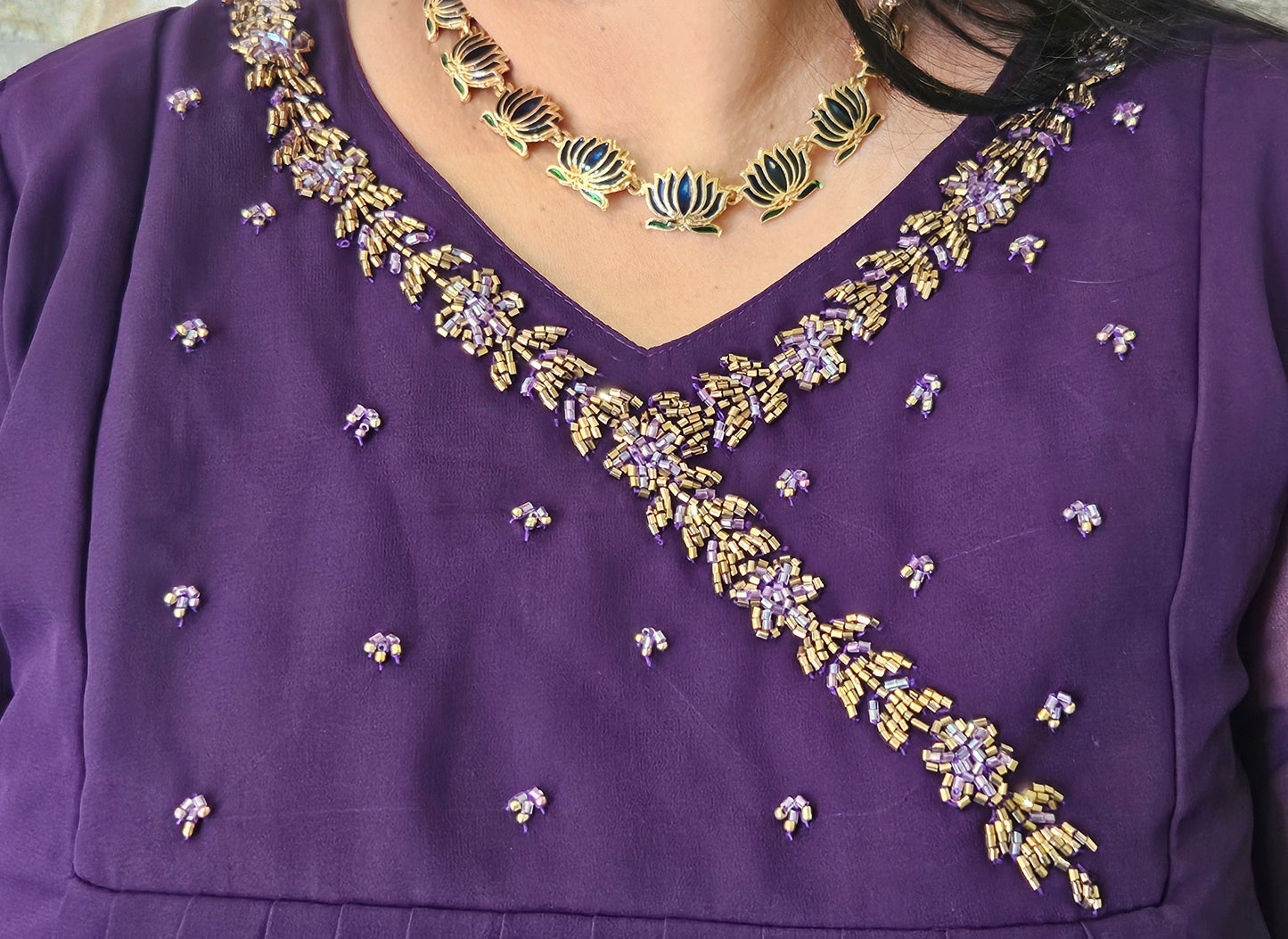 A line front pleated georgette kurta- Dark purple