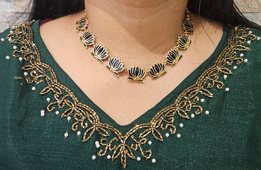 A line kurti in vichitra silk-bottle green with neck and sleeve hand work