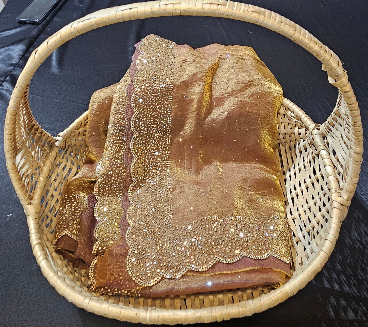 Golden double shades designer saree with golden stones and beads