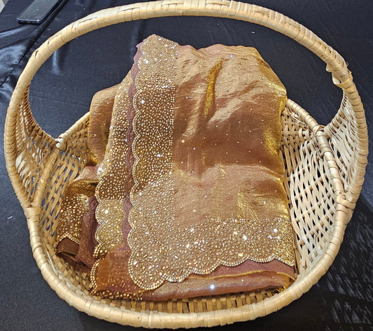 Golden double shades designer saree with golden stones and beads