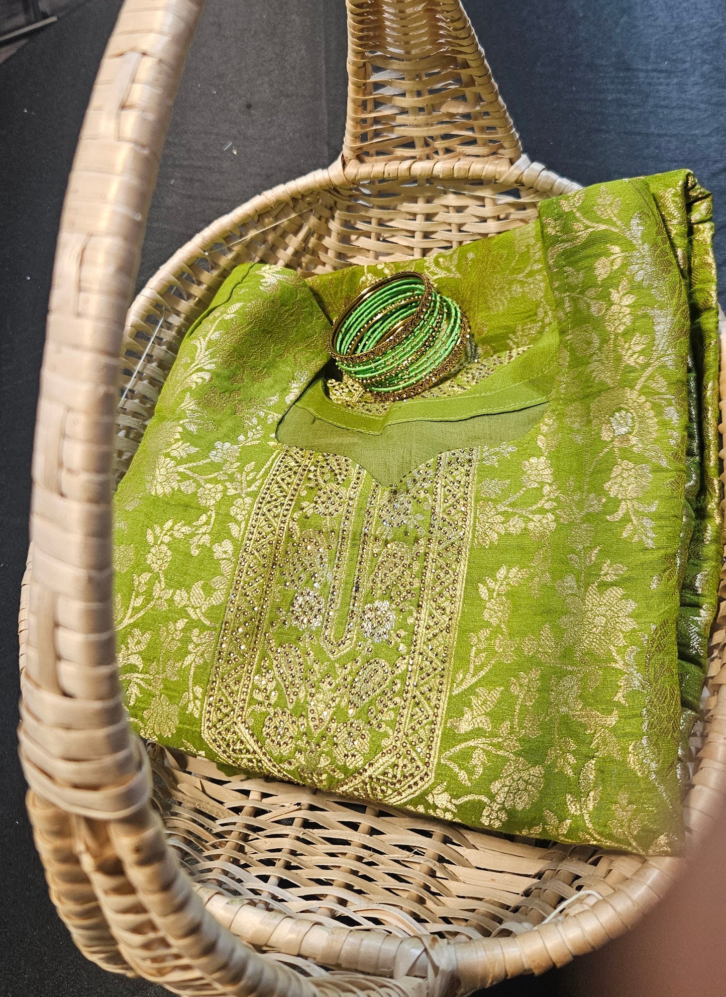 Traditional ready to wear suit set in parrot green colour