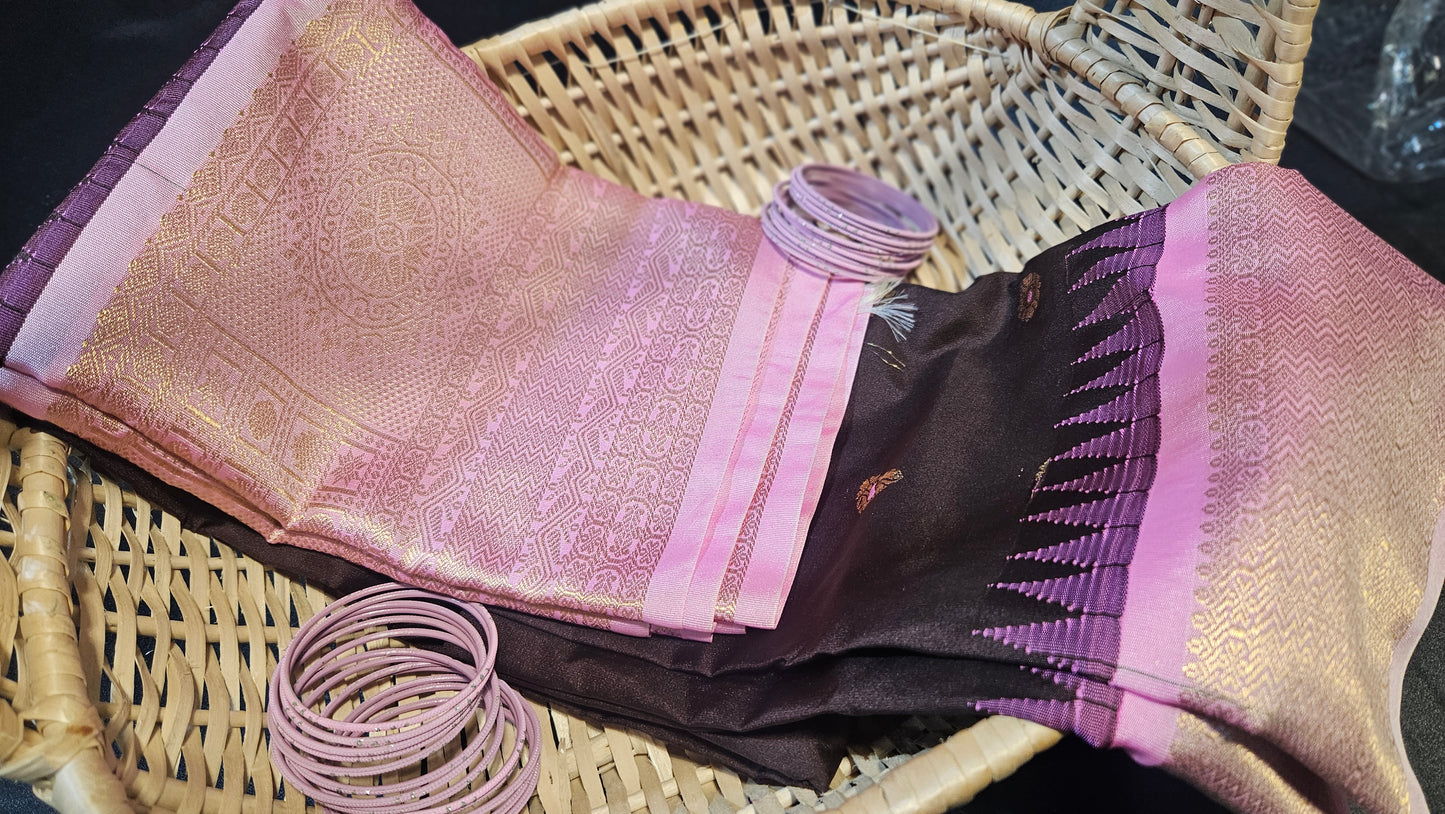 Premium semi Gadwal saree- Pink and coffee