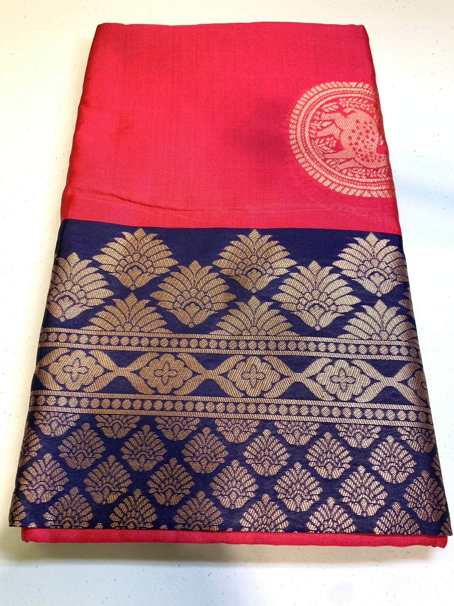 Pink-Blue golden border Art Silk Saree(unstitched blouse)