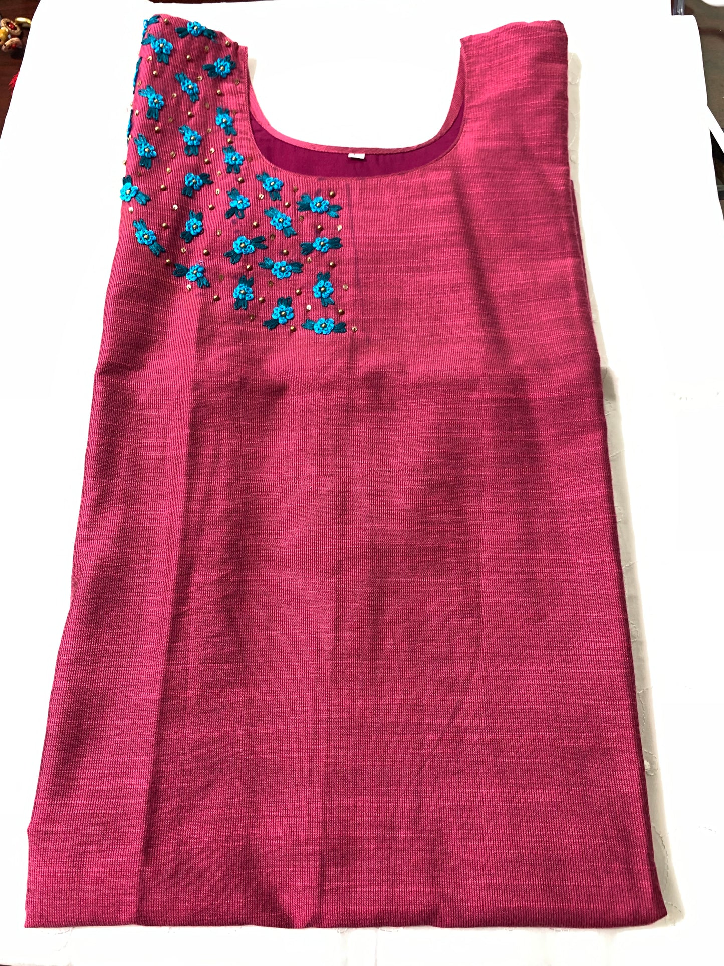 Pink floral slub cotton silk kurthi