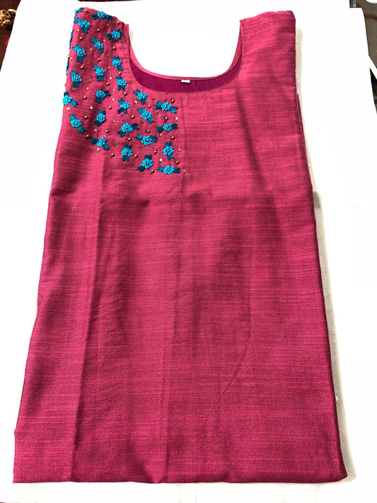 Pink floral slub cotton silk kurthi