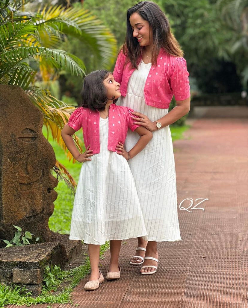 Anarkali white silver striped kurti with jacket