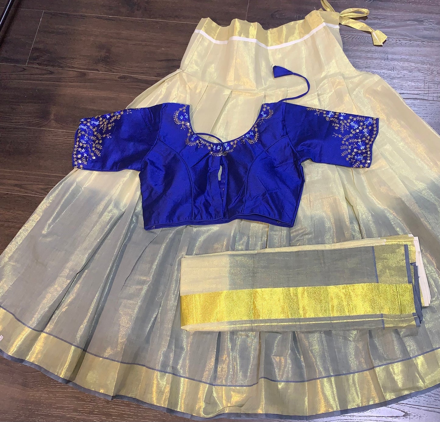 Golden tissue and royal blue tie and dye davani set
