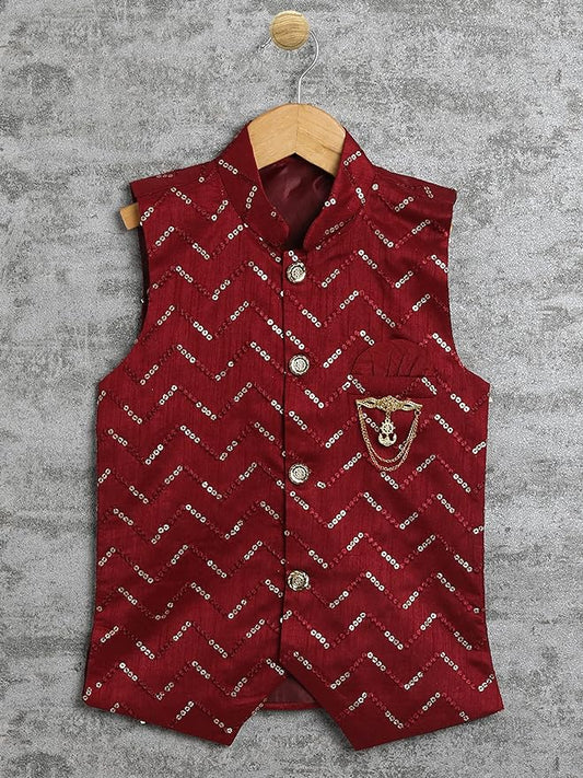 Kids Ethnic Silk Blend Waistcoat, and Kurta Pyjama Set for Boys 488
