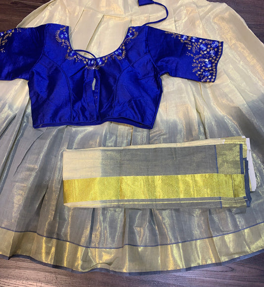 Golden tissue and royal blue tie and dye davani set