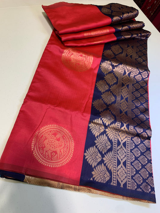 Pink-Blue golden border Art Silk Saree(unstitched blouse)