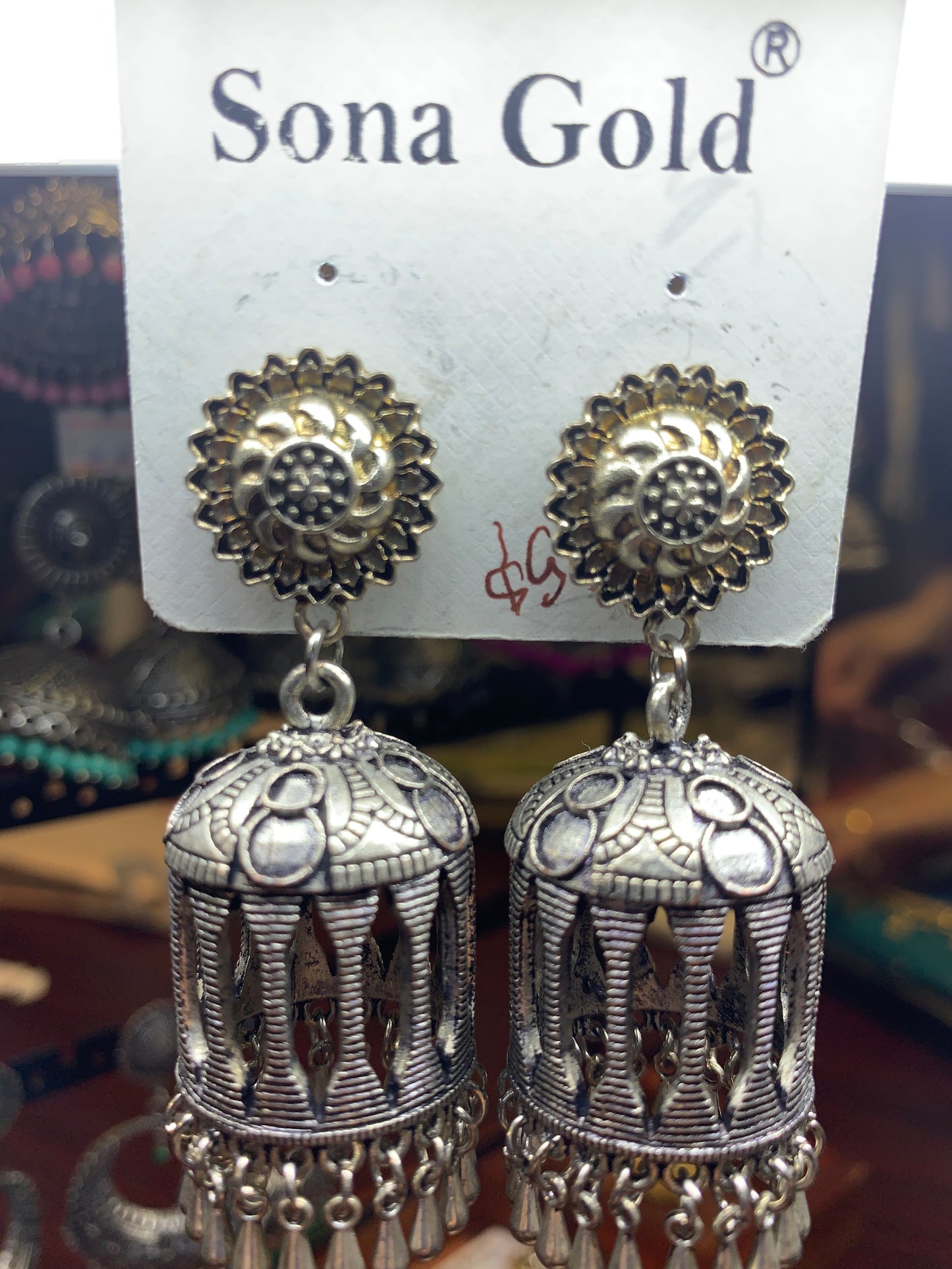 Silver oxidized temple shaped earring
