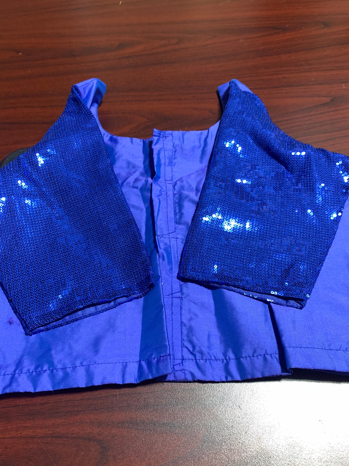 Royal blue dance top with sequenced dleeve