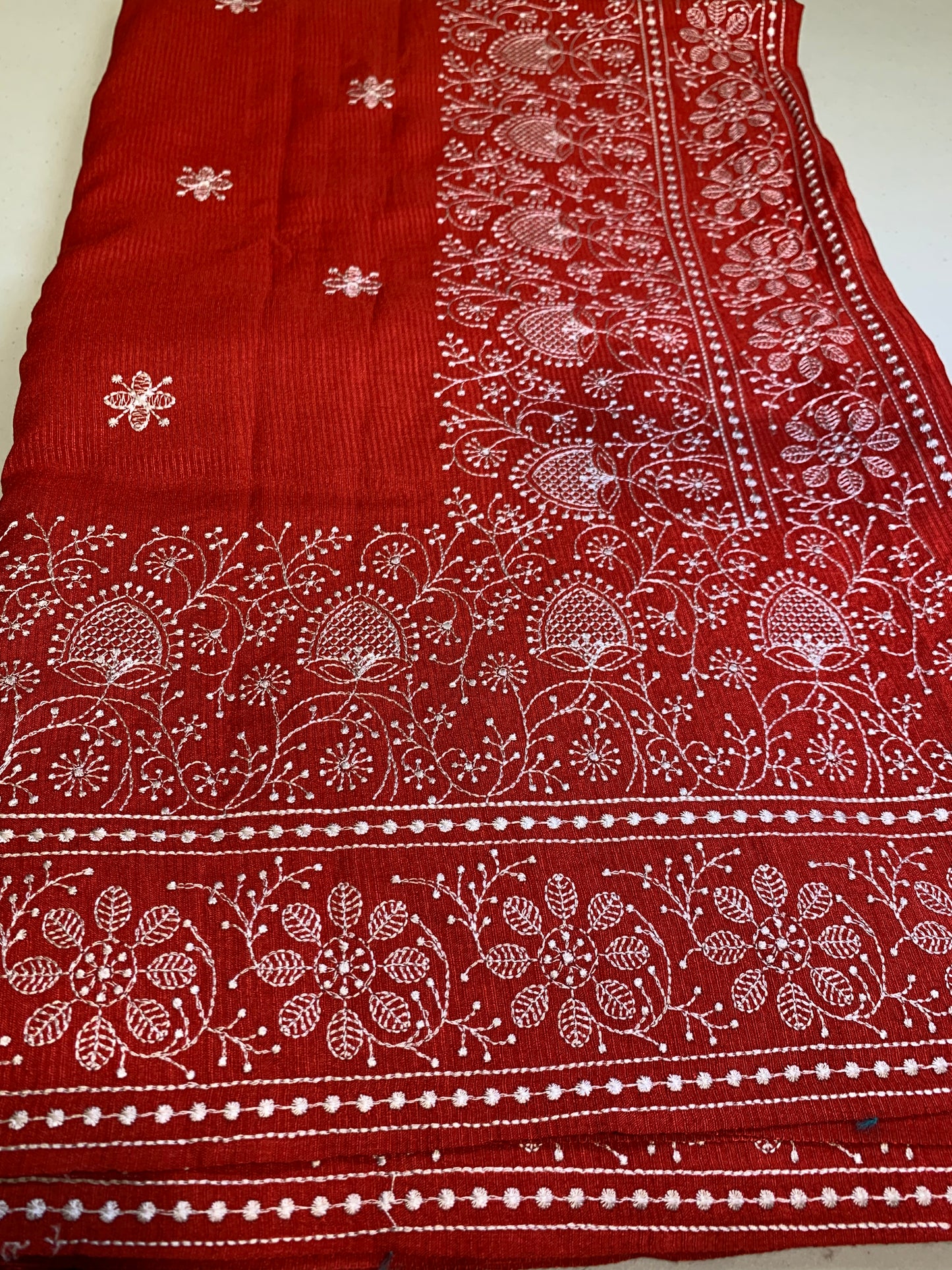 Red Kota silk saree white chikankari design-stitched blouse with white pearls