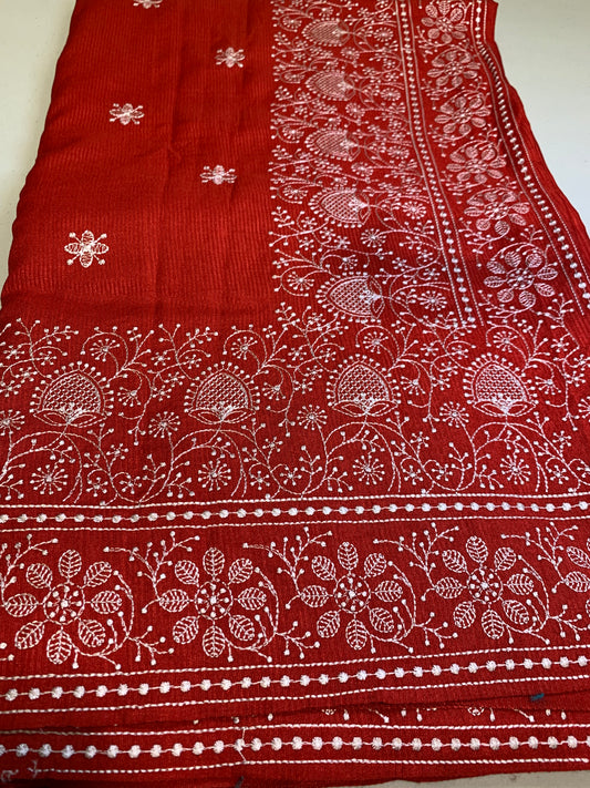 Red Kota silk saree white chikankari design-stitched blouse with white pearls