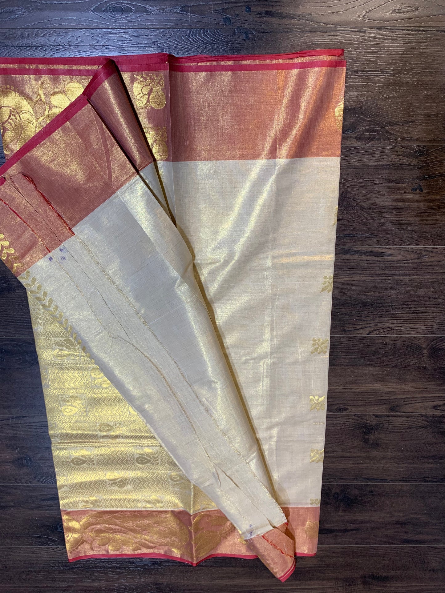 Golden tissue saree with light red border