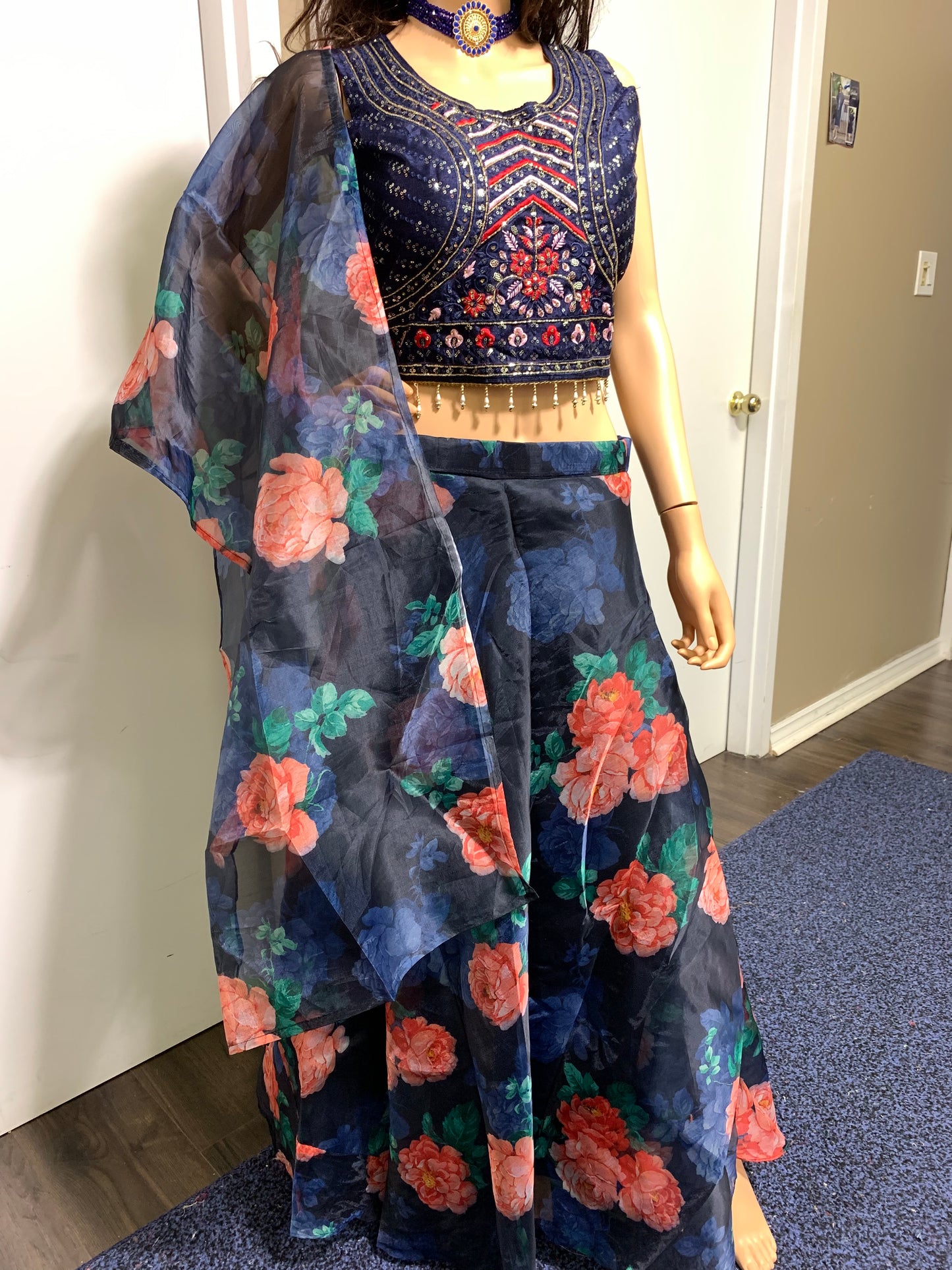 Blue Organza Lehenga Floral Print