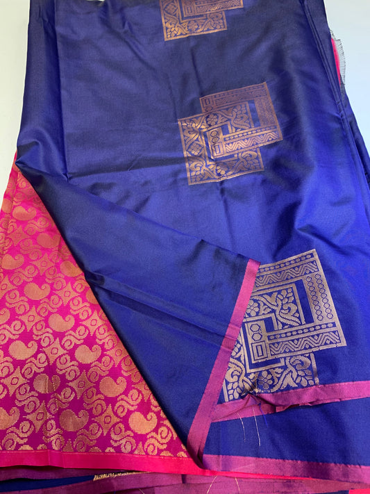 Navy blue pink border silk saree(unstitched blouse)