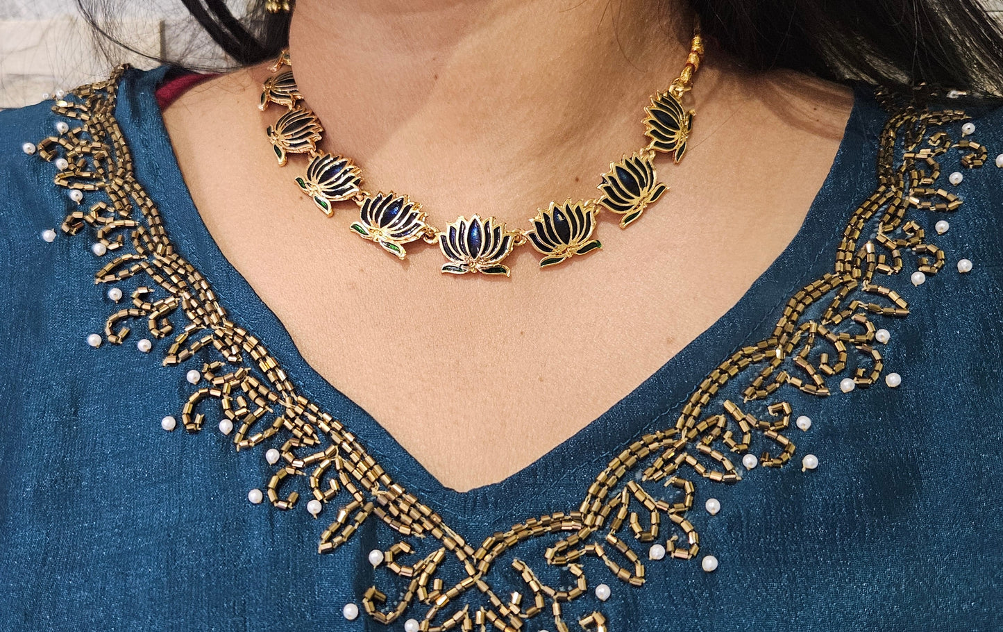 A line vichitra silk kurti -Teal blue