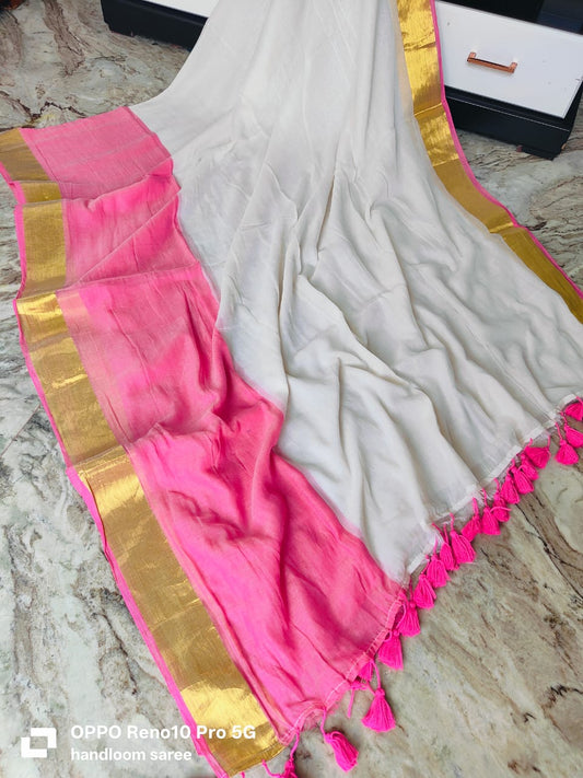 Off white mul cotton saree with pink and golden border