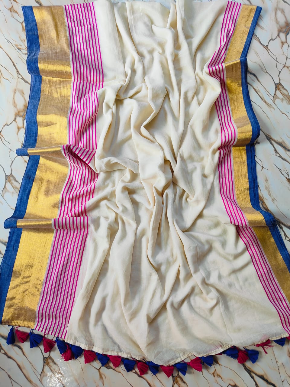 Mul cotton saree- pink,blue and golden striped border