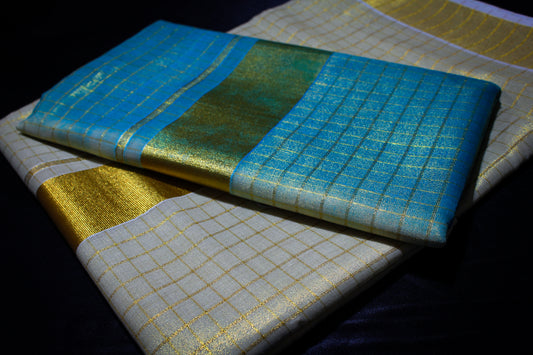 Blue and Gold Checkered Kerala Saree with Blouse