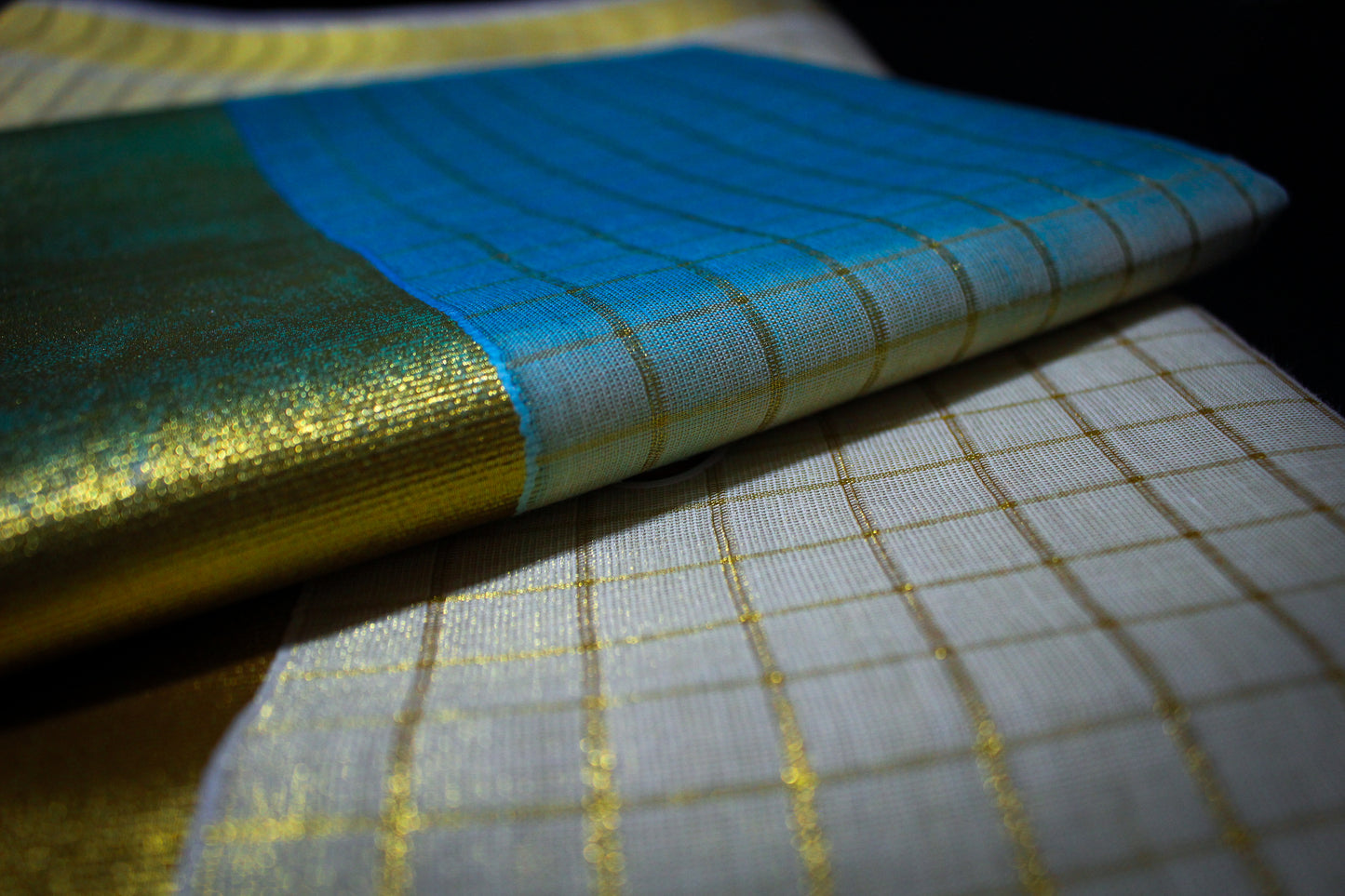 Blue and Gold Checkered Kerala Saree with Blouse