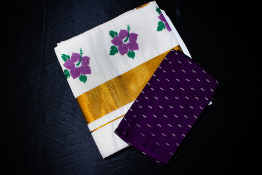 Floral Printed Kerala Saree - With blouse