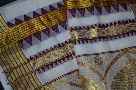 Maroon and Gold Kerala Saree with Blouse