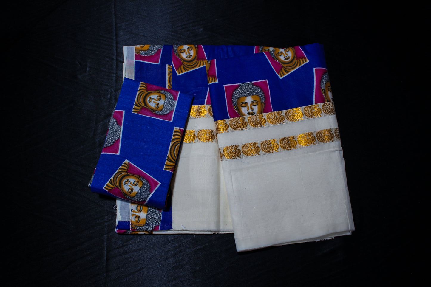 Blue and Pink Boudha Kerala Saree