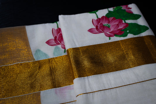 Lotus Printed Kerala Saree with Blouse