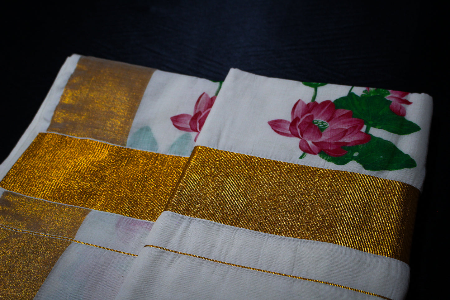 Lotus Printed Kerala Saree with Blouse